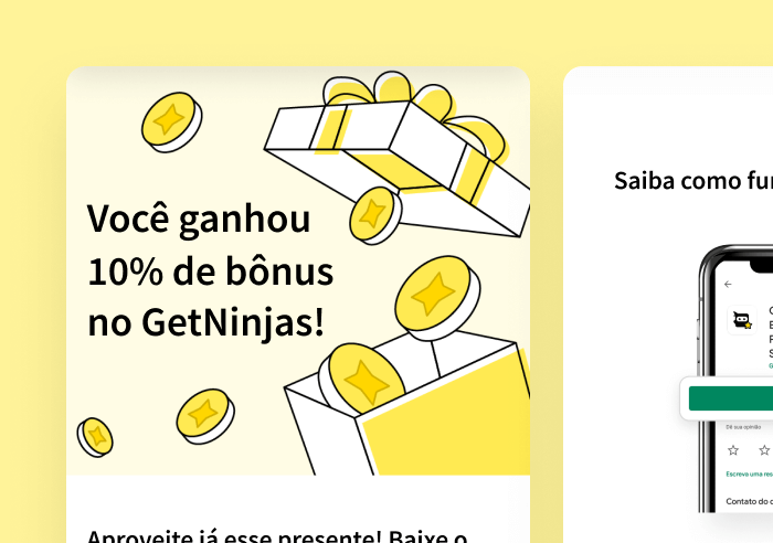 Imagem com o desenho de duas interfaces do site GetNinjas dispostas sob um fundo amarelo